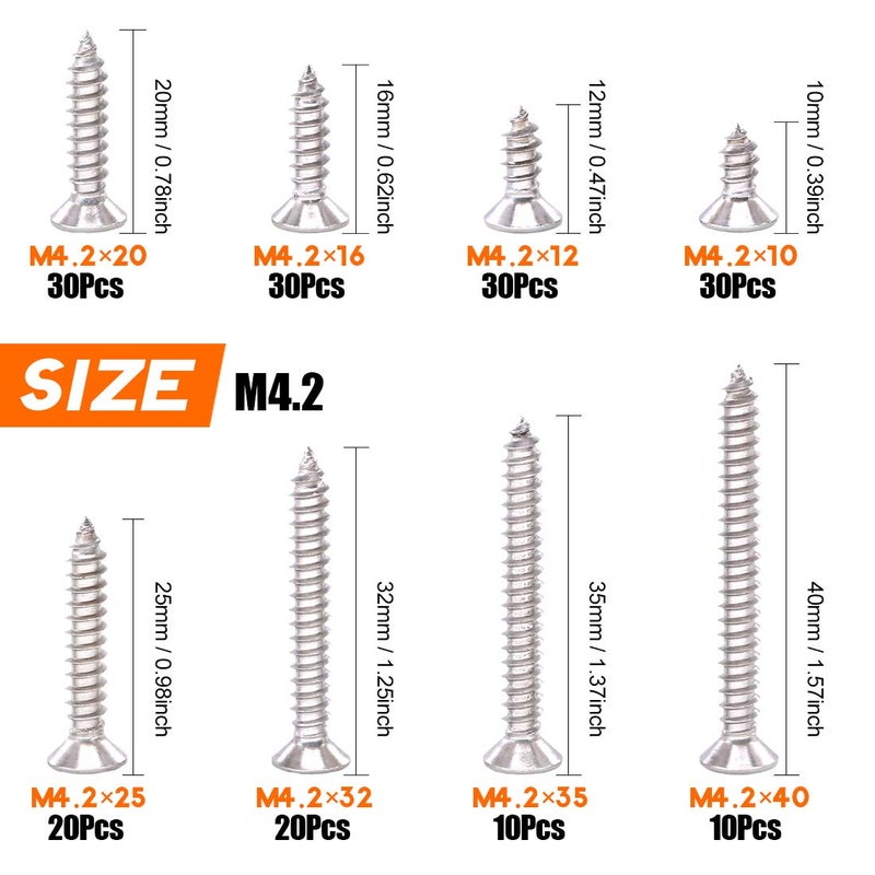 Rustark 180Pcs [#8 3/8" to 1-1/2"] 304 Stainless Steel Countersunk Flat Head Phillips Cross Wood Screws Drive Self Tapping Drilling Screw Assortment Kit - Image 2